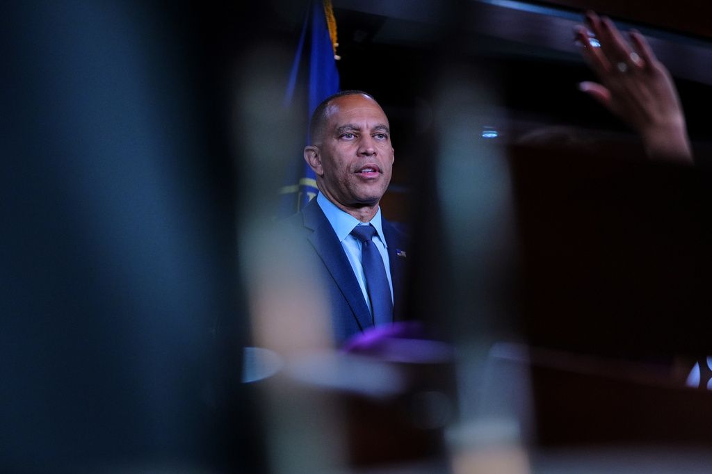 House Minority Leader Hakeem Jeffries, D-N.Y., speaks during a news conference on Capitol Hill, Thursday, Sept. 3, 2026, in Washington. (AP Photo/Mariam Zuhaib)