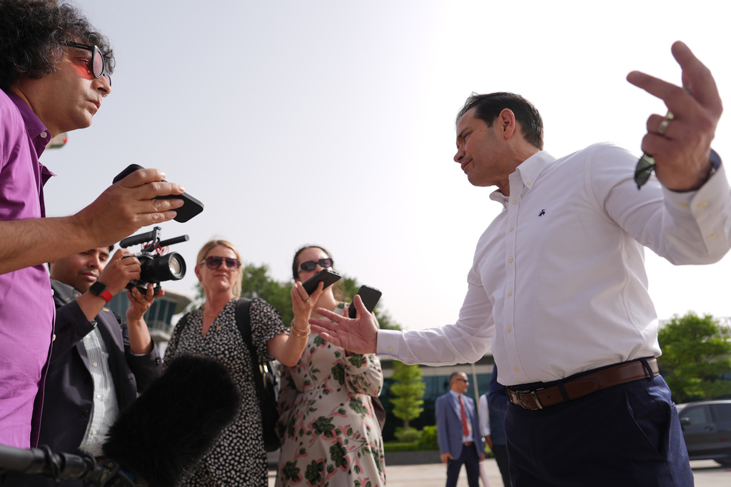 United States Secretary of State Marco Rubio speaks to the journalists before boarding his plane at Indira Gandhi International Airport in New Delhi, India, Monday, May 25, 2026. (AP Photo/Julia Demaree Nikhinson, Pool)