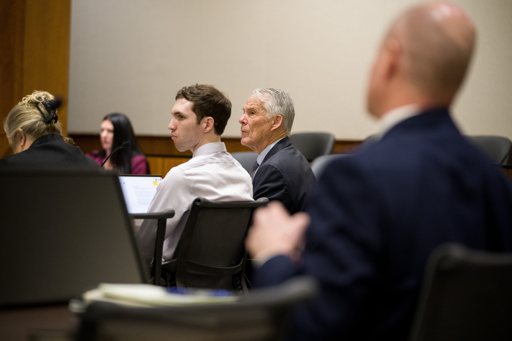 Tyler Robinson, center left, accused in the fatal shooting of Charlie Kirk, appears during a hearing in 4th District Court, in Provo, Utah, Tuesday, Feb. 3, 2026. (Trent Nelson/The Salt Lake Tribune via AP, Pool)