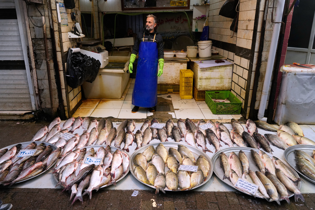 A fish seller waits for customers in the old main bazaar of the northern city of Rasht, Iran, on Friday, Dec. 26, 2025. (AP Photo/Vahid Salemi)