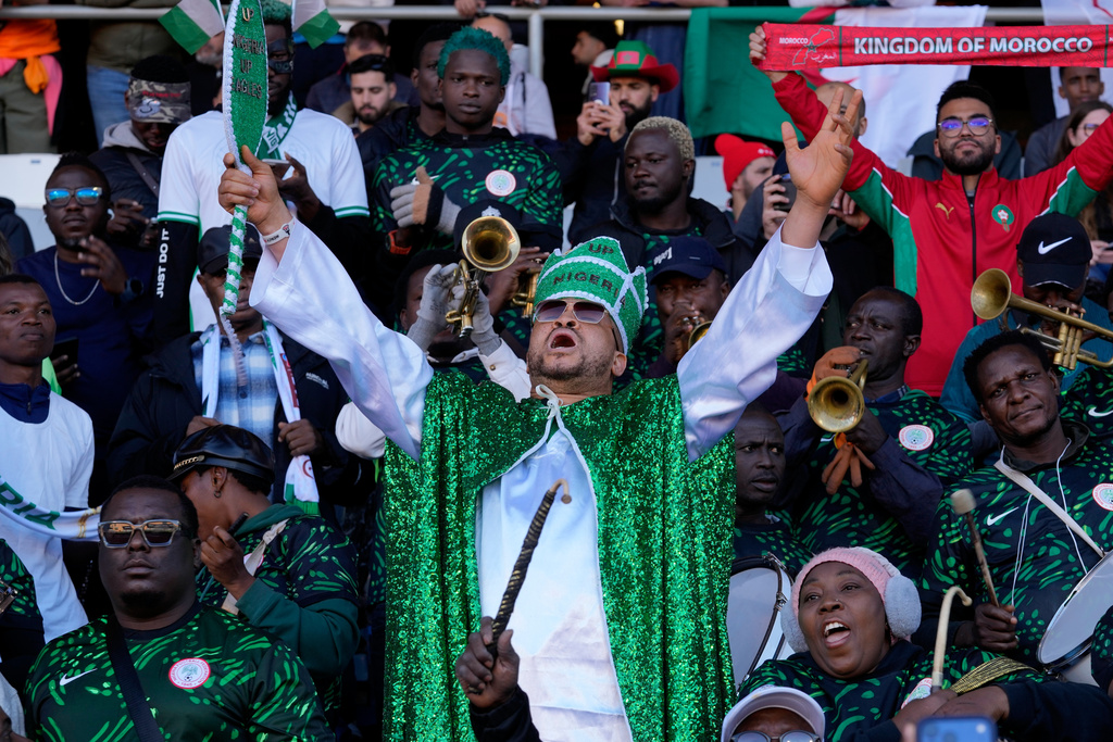 Nigeria fans cheer before the start of the Africa Cup of Nations quarterfinal soccer match between Nigeria and Algeria, in Marrakech, Morocco, Saturday, Jan. 10, 2026. (AP Photo/Themba Hadebe)