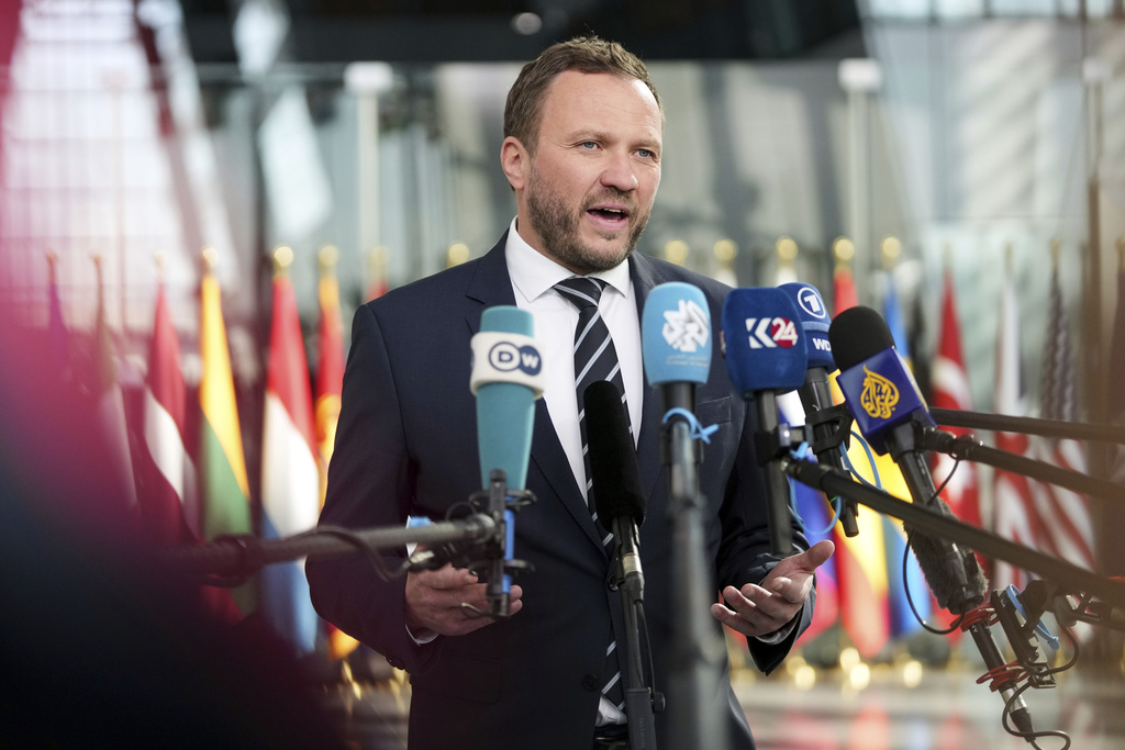 FILE - Estonia's Foreign Minister Margus Tsahkna speaks with the media as he arrives for a meeting of NATO foreign ministers at NATO headquarters in Brussels, April 3, 2025. (AP Photo/Virginia Mayo, File)