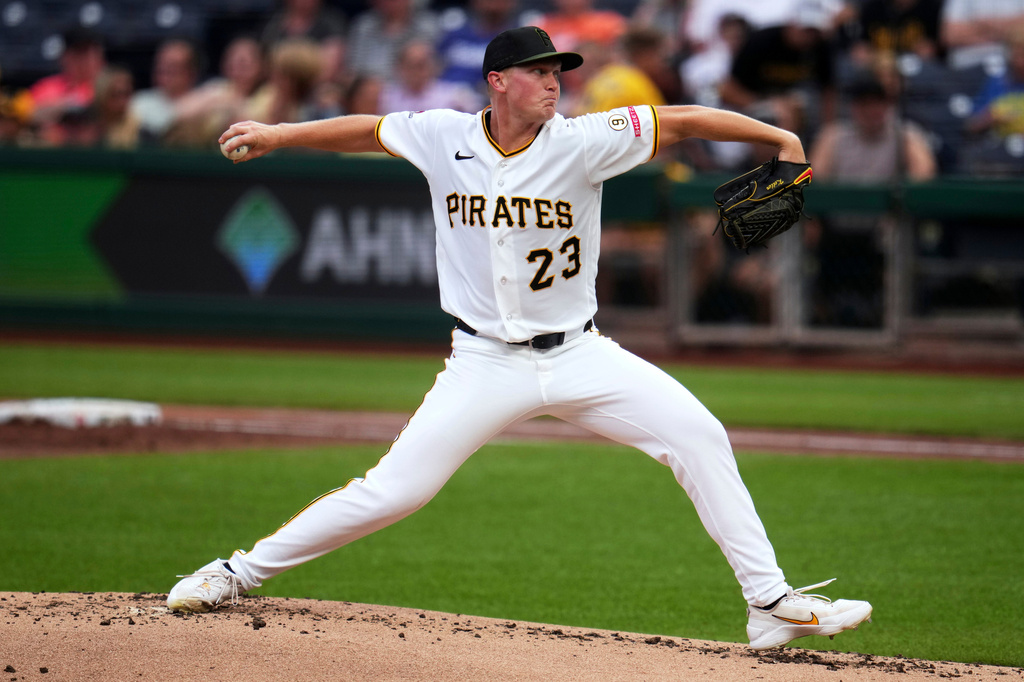 Pittsburgh Pirates pitcher Mitch Keller delivers during the first inning of a baseball game against the Arizona Diamondbacks in Pittsburgh, Monday, July 27, 2026. (AP Photo/Gene J. Puskar)