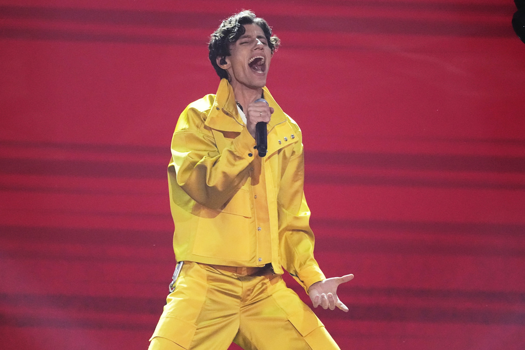 Tadjikistan's Farrukh Hasanov performs the song "Burn!" at the International Music Competition "Intervision" at the Live Arena outside Moscow, Russia, Saturday, Sept. 20, 2025. (AP Photo/Alexander Zemlianichenko)