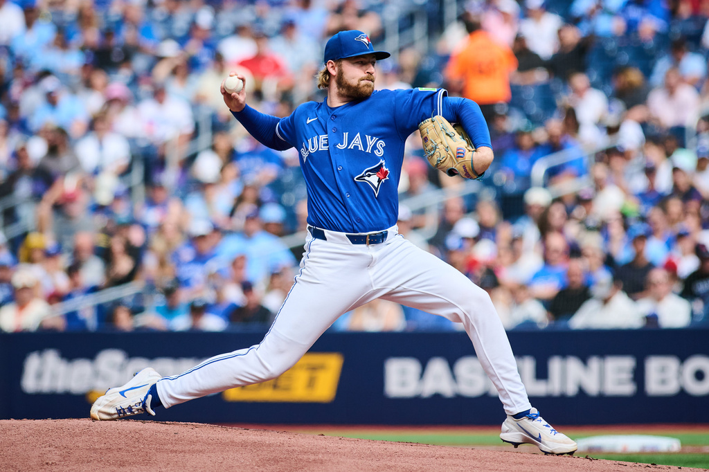 Toronto Blue Jays pitcher Spencer Miles (62) works against the Baltimore Orioles during the first inning of a baseball game in Toronto, on Saturday, Sept. 12, 2026. (Sammy Kogan/The Canadian Press via AP)