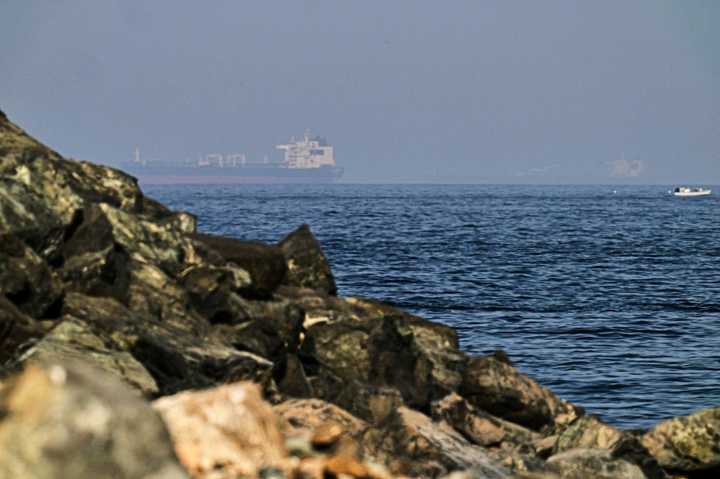 Cargo ships are seen at sea in the Gulf of Oman near the Strait of Hormuz, as viewed from a rocky shoreline near Khor Fakkan, United Arab Emirates, Friday, May 1, 2026.(AP Photo/Fatima Shbair)