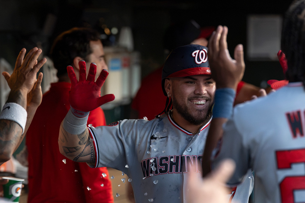 Washington Nationals' Andrés Chaparro celebrates after hitting a two-run home run during the fifth inning of a baseball game against the Athletics Friday, July 17, 2026, in West Sacramento, Calif. (AP Photo/Sara Nevis)