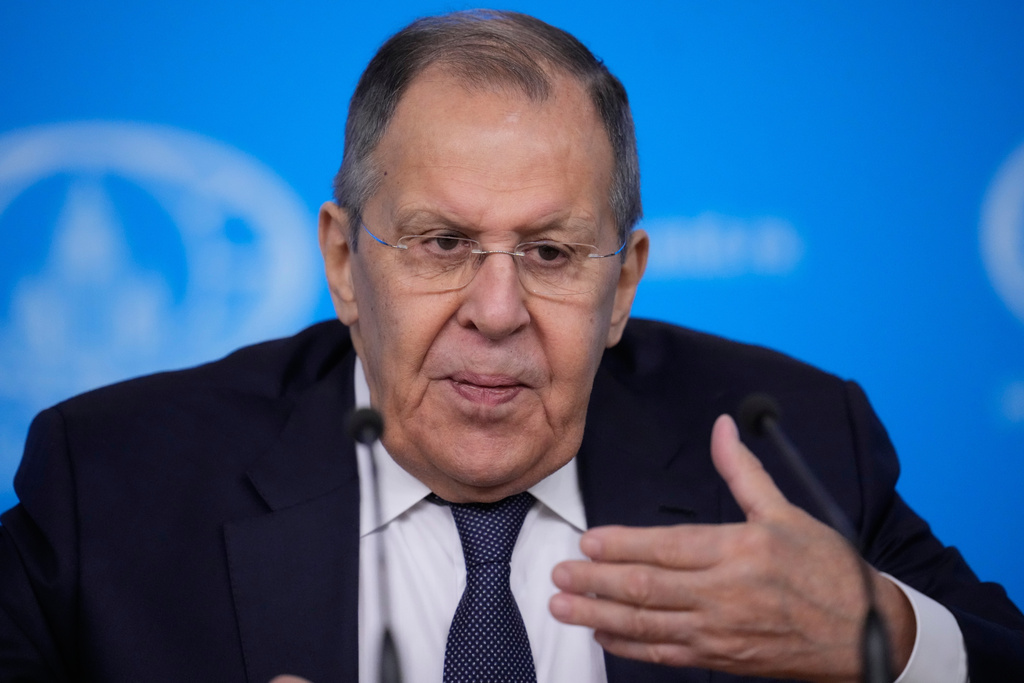 Russian Foreign Minister Sergey Lavrov gestures while speaking during his annual news conference in Moscow, on Tuesday, Jan. 20, 2026. (AP Photo/Pavel Bednyakov)