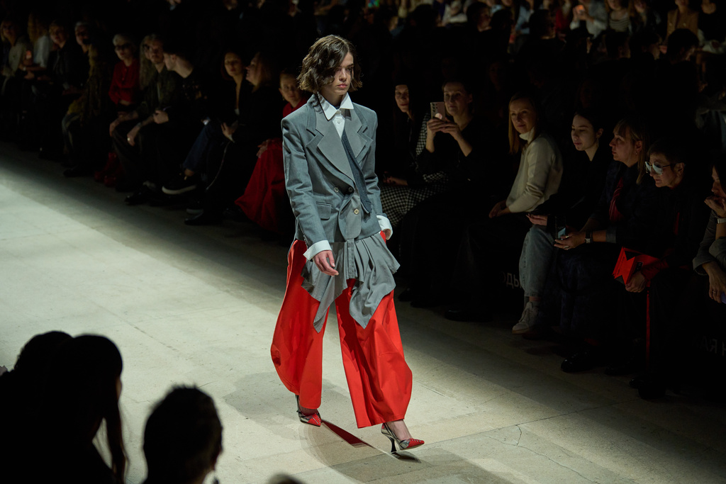A model wears a creation by Russian brand XakaMa - Fashion House of Lena Makashova on a runway at the Moscow Fashion Week in Moscow, Sunday, March 15, 2026. (AP Photo/Alexander Zemlianichenko)