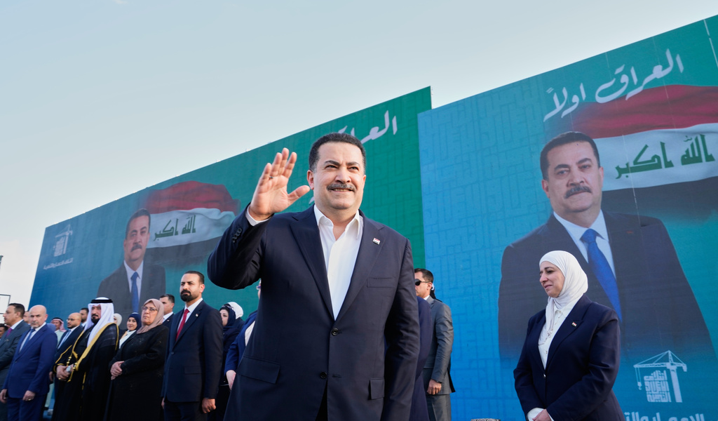 Iraqi Prime Minister Mohammed Shia al-Sudani arrives to his political block campaign rally before the parliamentary elections in Mosul, Iraq, Saturday, Oct. 18, 2025. (AP Photo/Hadi Mizban)