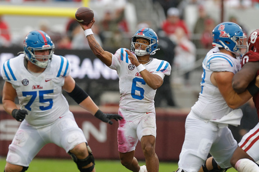 Mississippi quarterback Trinidad Chambliss (6) throws a pass during the first half of an NCAA college football game against Oklahoma in Norman, Okla., Saturday, Oct. 25, 2025. (AP Photo/Alonzo Adams) Mississippi quarterback Trinidad Chambliss (6) throws a pass during the first half of an NCAA college football game against Oklahoma in Norman, Okla., Saturday, Oct. 25, 2025. (AP Photo/Alonzo Adams)