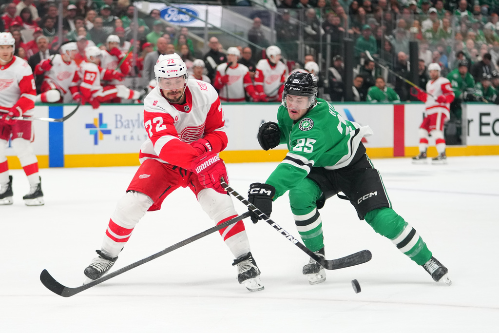Detroit Red Wings defenseman Justin Faulk (72) and Dallas Stars right wing Arttu Hyry (25) compete for possession of the puck during the first period of an NHL hockey game Saturday, March 14, 2026, in Dallas. (AP Photo/Julio Cortez)