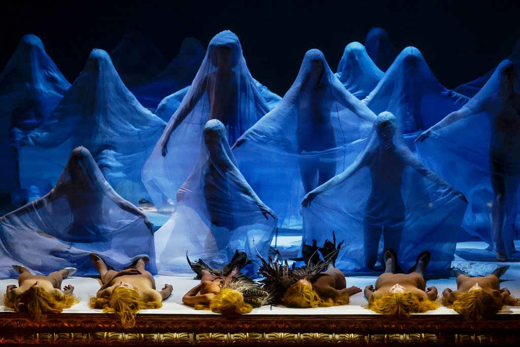EDS NOTE: NUDITY - Actors perform during the general rehearsal of Ennio Morricone's only opera, Partenope, at the San Carlo Theatre, in Naples, Italy, Thursday, Dec. 11, 2025. (AP Photo/Salvatore Laporta)