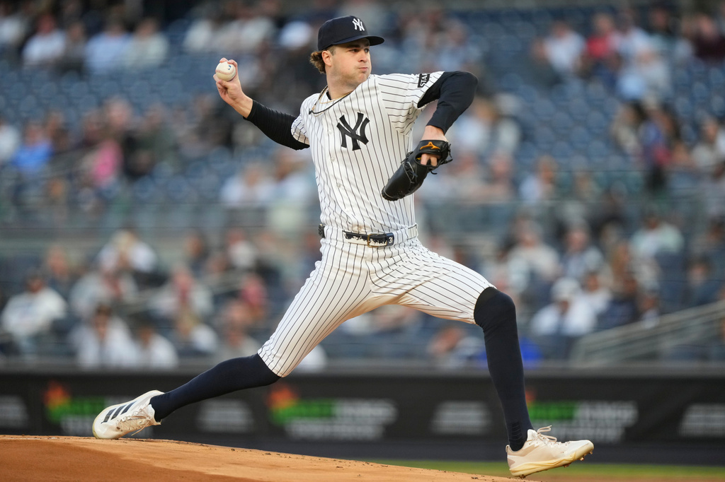 New York Yankees starting pitcher Cam Schlittler throws during the first inning of a baseball game against Baltimore Orioles, Monday, May 4, 2026, in New York. (AP Photo/Yuki Iwamura)