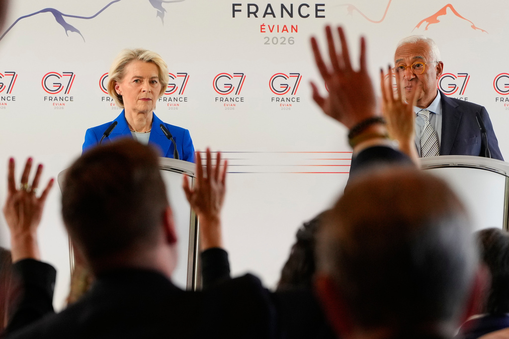 European Commission President Ursula von der Leyen and European Council President Antonio Costa participate in a media conference at the G7 summit in Evian-les-Bains, France, Monday, June 15, 2026. (AP Photo/Vadim Ghirda)
