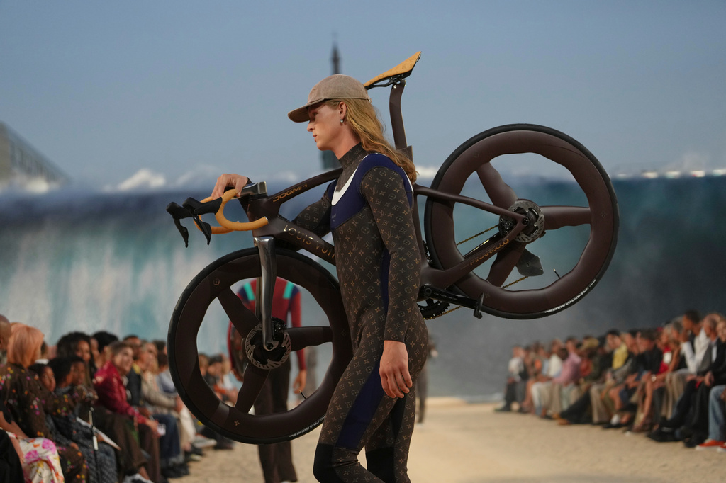 A model wears a creation as part of the Louis Vuitton men's Spring Summer 2027 collection presented in Paris, France, Tuesday, June 23, 2026. (AP Photo/Aurelien Morissard)