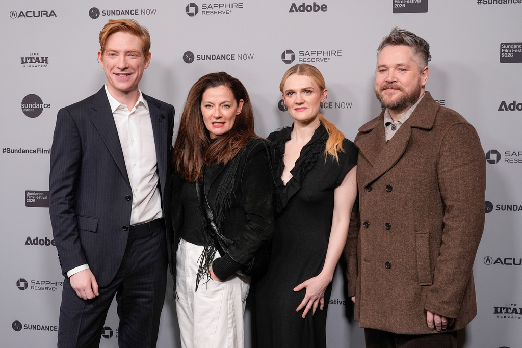 Domhnall Gleeson, from left, Michelle Gomez, Gayle Rankin, and Grant O'Rourke attend the premiere of "The Incomer" during the Sundance Film Festival on Thursday, Jan. 22, 2026, at The Ray Theatre in Park City, Utah. (AP Photo/Chris Pizzello)