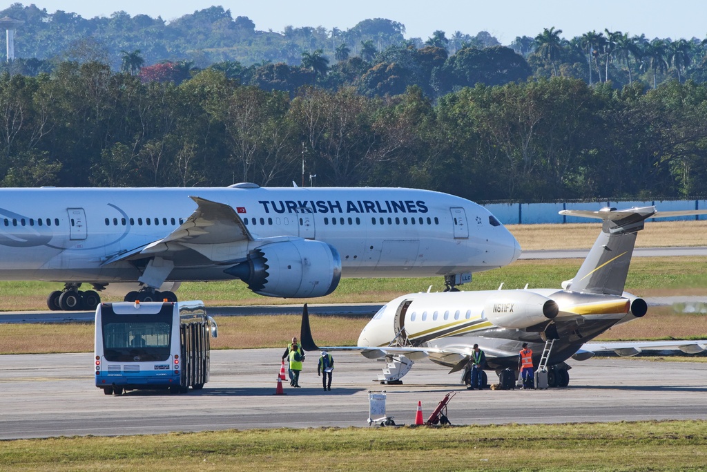 A Turkish Airlines aircraft prepares for take-off at José Martí International Airport in Havana, Cuba, Monday, Feb. 9, 2026. (AP Photo/Ramon Espinosa)