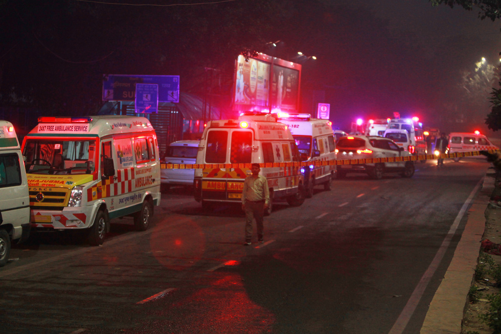 Ambulances are lined up at the scene after a car explosion near the historic Red Fort in New Delhi, India, Monday, Nov. 10, 2025. (AP Photo)