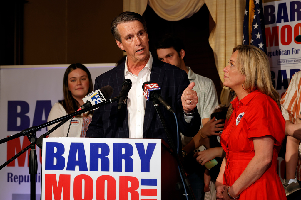 Republican candidate for U.S. Senate Barry Moore speaks to supporters at his election night watch party at the Rawls Hotel, Tuesday, June 16, 2026, in Enterprise, Ala. (AP Photo/Butch Dill)