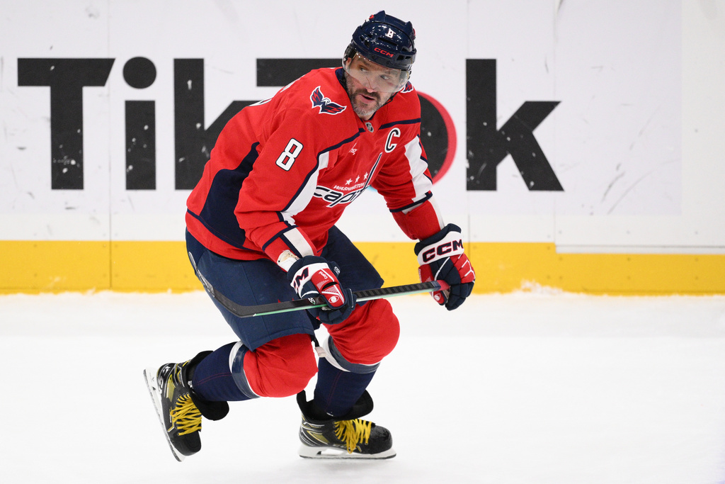 Washington Capitals left wing Alex Ovechkin (8) in action during the second period of an NHL hockey game against the New York Islanders, Friday, Oct. 31, 2025, in Washington. (AP Photo/Nick Wass)