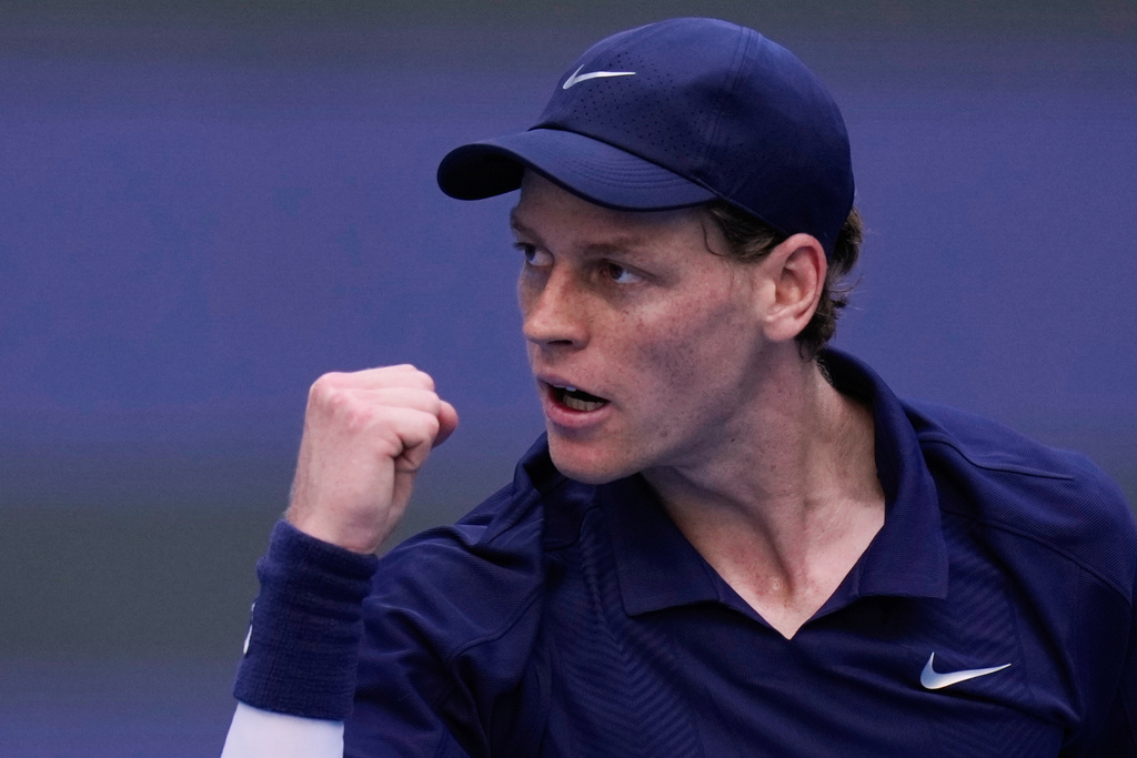Jannik Sinner of Italy reacts after scoring a point against Fabian Marozsan, of Hungary during a men's singles match of the China Open tennis tournament, at the National Tennis Center, in Beijing, China, Monday, Sept. 29, 2025. (AP Photo/Mahesh Kumar A.)