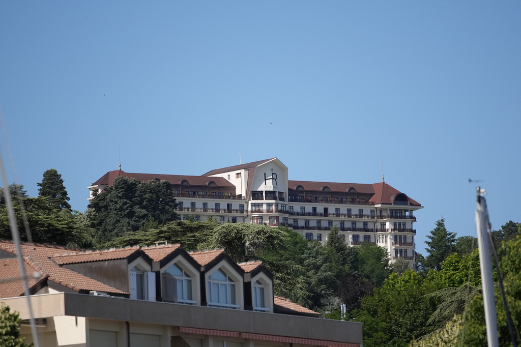 A view of the Hotel Royal where leaders will meet, ahead of the G7 summit in Evian-les-Bains, France, Monday, June 15, 2026. (AP Photo/Christophe Ena)
