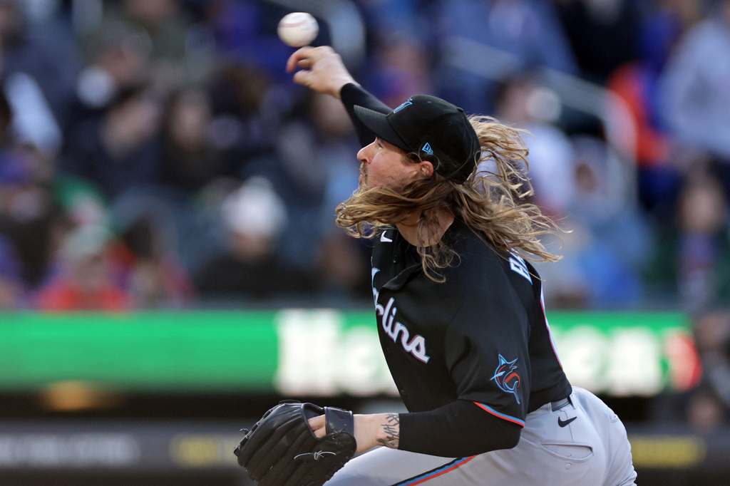 Miami Marlins pitcher Lake Bachar throws during the seventh inning of a baseball game against the New York Mets, Saturday, May 30, 2026, in New York. (AP Photo/Adam Hunger)
