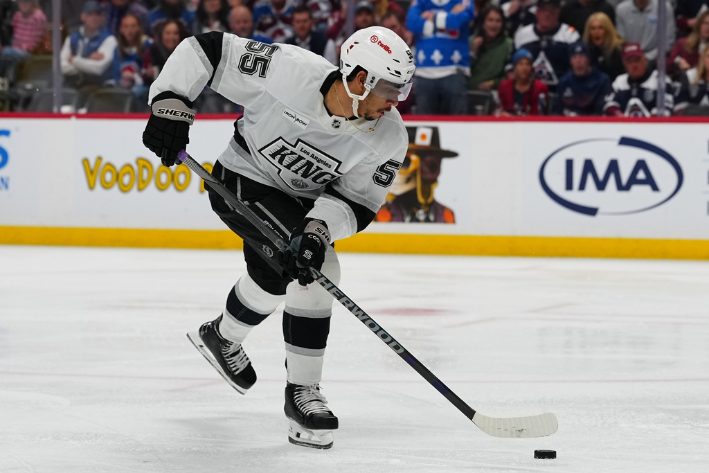Los Angeles Kings right wing Quinton Byfield (55) skates for an unsuccessful penalty shot against the Colorado Avalanche during the second period of Game 2 in the first round of the NHL hockey Stanley Cup playoffs, Tuesday, April 21, 2026, in Denver. (AP Photo/Jack Dempsey)