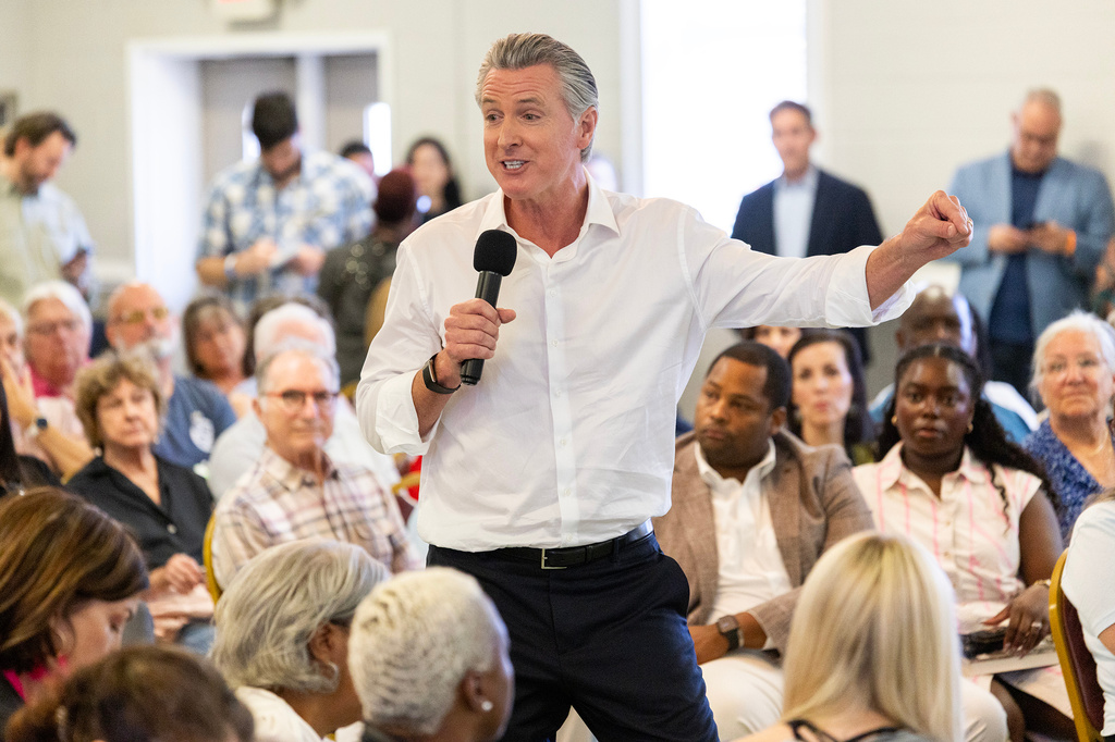 California Gov. Gavin Newsom speaks to supporters during a campaign event at the Brookland-Lakeview Empowerment Center, Friday, Sept. 4, 2026, in West Columbia, S.C. (AP Photo/Mic Smith)