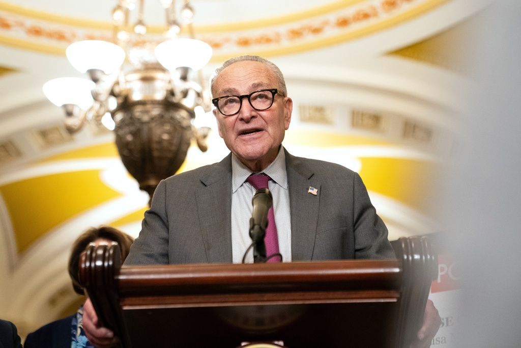 Senate Minority Leader Chuck Schumer, D-N.Y., speaks to reporters following the weekly Senate policy luncheon on Capitol Hill in Washington, Tuesday, Oct. 7, 2025. (AP Photo/Allison Robbert)
