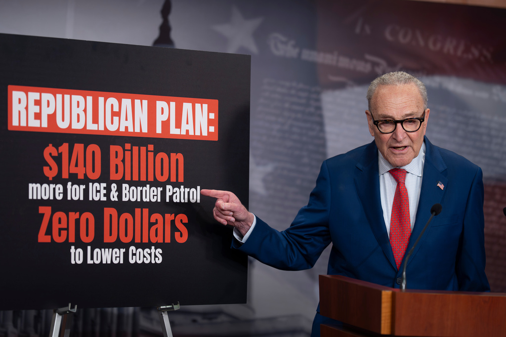 Senate Minority Leader Chuck Schumer, D-N.Y., holds a news conference about the budget process that Republicans hope will fund Immigration and Customs Enforcement and Border Patrol, at the Capitol in Washington, Wednesday, April 22, 2026. (AP Photo/J. Scott Applewhite)