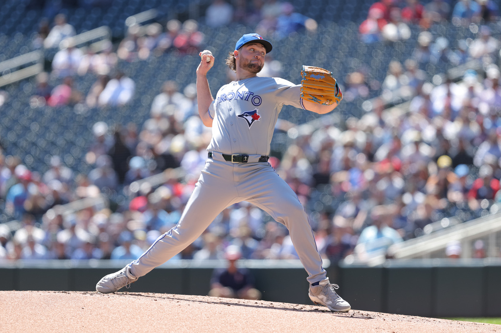 Toronto Blue Jays starting pitcher Trey Yesavage delivers during the first inning of a baseball game against the Minnesota Twins, Sunday, May 3, 2026, in Minneapolis. (AP Photo/Bailey Hillesheim)