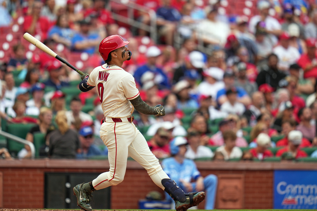 St. Louis Cardinals' Masyn Winn watches his sacrifice fly to score Nathan Church during the fifth inning of a baseball game against the Kansas City Royals Saturday, May 16, 2026, in St. Louis. (AP Photo/Jeff Roberson)
