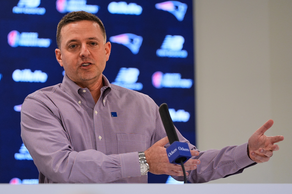 Eliot Wolf, the New England Patriots Executive Vice President of Player Personnel, answers questions during an NFL football media availability, Monday, April 13, 2026, in Foxborough, Mass. (AP Photo/Charles Krupa)