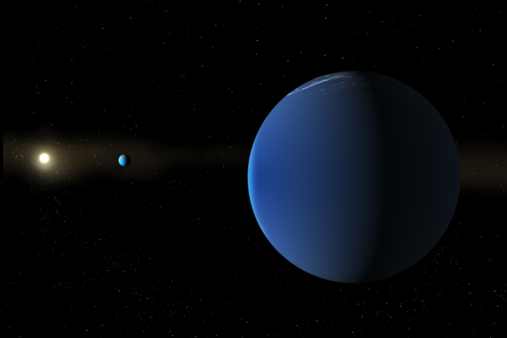 This illustration provided by NASA depicts the Sun-like star TOI-791, background left, and two giant planets that NASA's TESS space telescope discovered in its orbit. (Daniel Rutter/NASA via AP)
