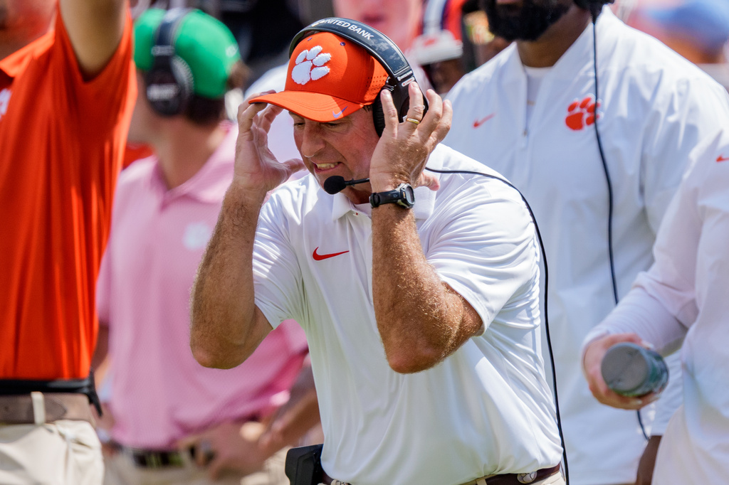 Clemson head coach Dabo Swinney reacts in the first half of an NCAA college football game against North Carolina on Saturday, Sept. 19, 2026, in Clemson, S.C. (AP Photo/Jacob Kupferman)