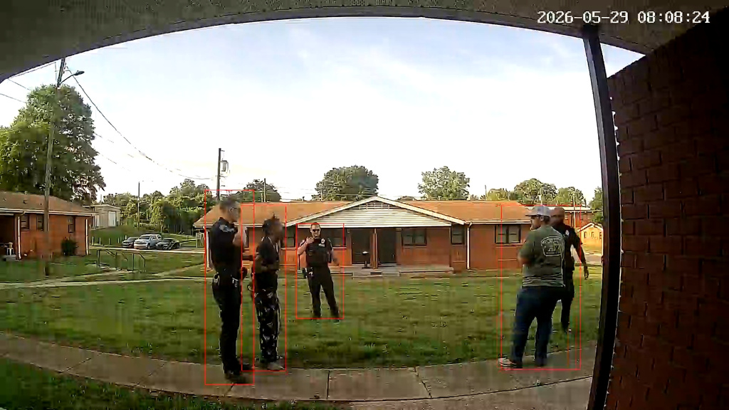 This doorbell camera video shows former North Carolina police officer Karson Hyder interaction with Cherrie Moore during an incident on May 29, 2026, in Shelby, N.C. (AP Photo)