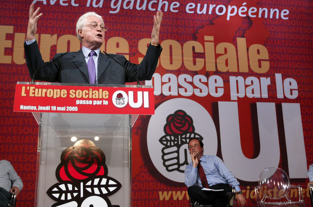 FILE - Former French Prime Minister Lionel Jospin gestures as he delivers his speech at a meeting calling for the "yes" vote in the referendum on the EU Constitution in Nantes, western France, Thursday May 19, 2005. (AP Photo/Franck Prevel, File)