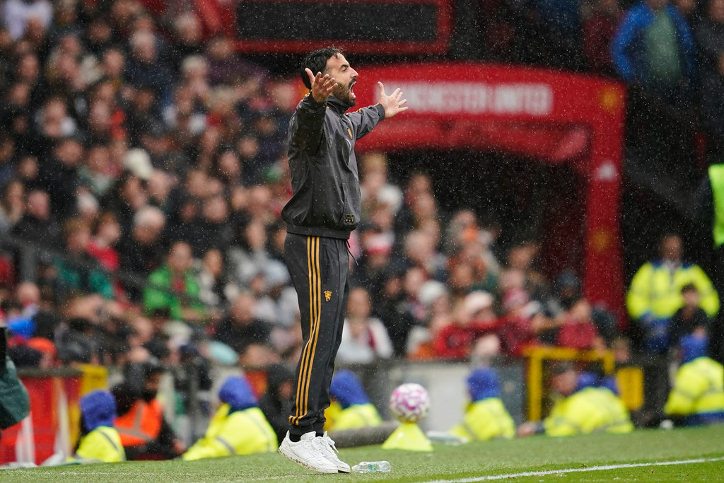 Manchester United's head coach Ruben Amorim reacts during the English Premier League soccer match between Manchester United and Sunderland at Old Trafford stadium in Manchester, England, Saturday, Oct. 4, 2025. (AP Photo/Dave Thompson)