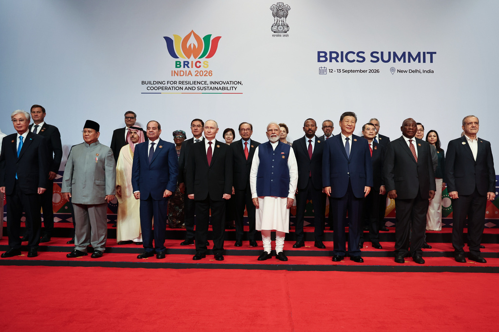 Participants of the BRICS Plus Outreach format pose for a photo in New Delhi, India, on Sunday, Sept. 13, 2026. (Alexander Kazakov, Sputnik, Kremlin Pool Photo via AP)