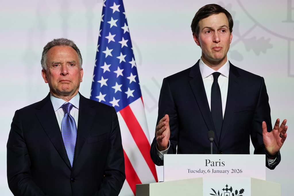 FILE - US envoy Steve Witkoff, left, and US businessman Jared Kushner attend a press conference after the signing of the declaration on deploying post-ceasefire force in Ukraine during the 'Coalition of the Willing' summit on security guarantees for Ukraine, at the Elysee Palace in Paris, Tuesday, Jan 6, 2026. (Ludovic Marin, Pool photo via AP, File)