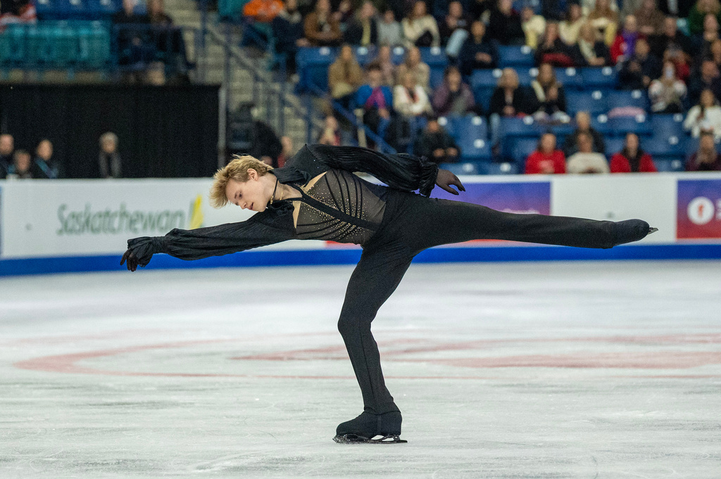 Ilia Malinin, of the United States, performs in the men's free program of the Skate Canada International figure skating competition in Saskatoon, Saskatchewan, Sunday, Nov. 2, 2025. (Liam Richards/The Canadian Press via AP)