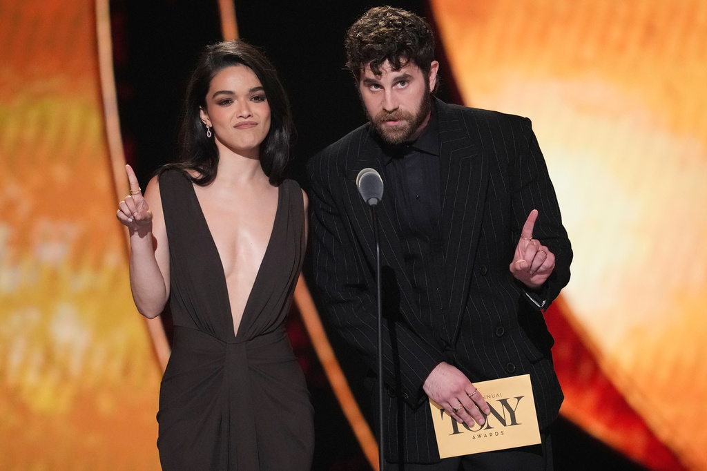 Rachel Zegler, left, and Ben Platt present the award for best direction of a musical during the 79th Tony Awards on Sunday, June 7, 2026, at Radio City Music Hall in New York. (Photo by Charles Sykes/Invision/AP)