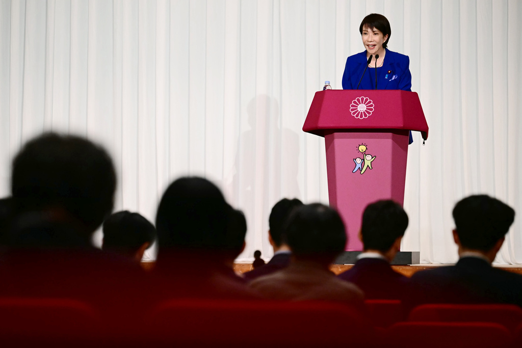 Sanae Takaichi, the newly-elected leader of Japan's ruling party, the Liberal Democratic Party (LDP), attends a press conference after the LDP presidential election in Tokyo Saturday, Oct. 4, 2025. (Yuichi Yamazaki/Pool Photo via AP)