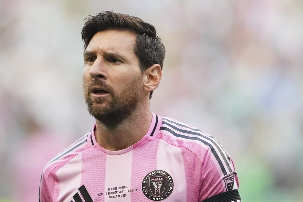 Inter Miami forward Lionel Messi looks on during the first half of a Leagues Cup final soccer match against the Seattle Sounders, Sunday, Aug. 31, 2025, in Seattle. (AP Photo/Lindsey Wasson)