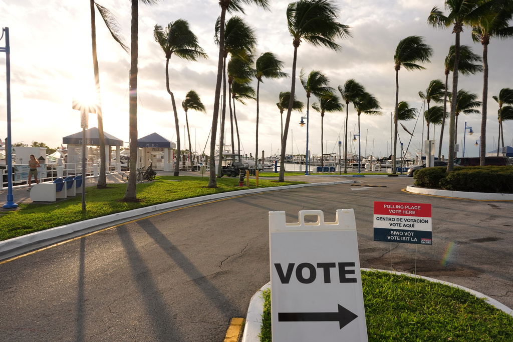 Signs indicate a polling place at Miami City Hall, on Election Day, Tuesday, Nov. 4, 2025, in Miami. (AP Photo/Rebecca Blackwell)