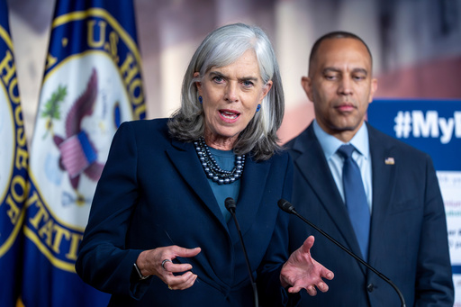 Rep. Katherine Clark, D-Mass., the House minority whip, is joined at right by House Minority Leader Hakeem Jeffries, D-N.Y., during a news conference on day 22 of the government shutdown to discuss the how the crisis can impact health care, at the Capitol in Washington, Wednesday, Oct. 22, 2025. (AP Photo/J. Scott Applewhite) Rep. Katherine Clark, D-Mass., the House minority whip, is joined at right by House Minority Leader Hakeem Jeffries, D-N.Y., during a news conference on day 22 of the government shutdown to discuss the how the crisis can impact health care, at the Capitol in Washington, Wednesday, Oct. 22, 2025. (AP Photo/J. Scott Applewhite)