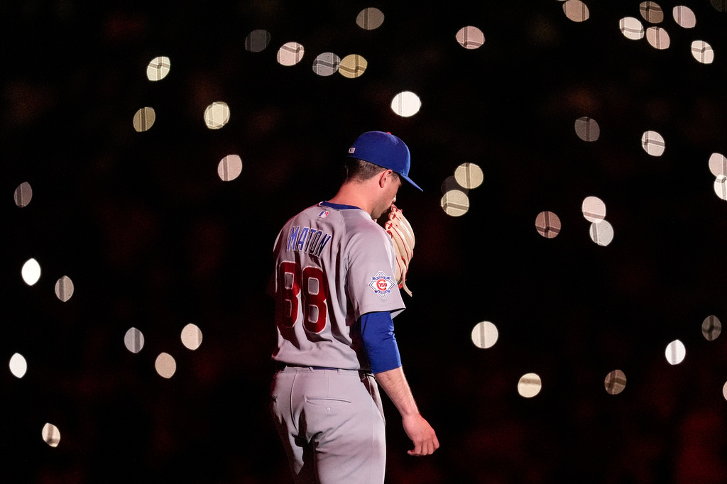 Chicago Cubs pitcher Phil Maton enters the field iin the eighth nning of a baseball game against the Atlanta Braves, Wednesday, May 13, 2026, in Atlanta. (AP Photo/Mike Stewart)