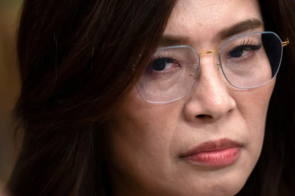 Cheng Li-wun, the chairperson of Taiwan's main opposition Nationalist Party, or Kuomintang (KMT), speaks with reporters during a news conference on Friday, June 12, 2026, in Washington. (AP Photo/Mark Schiefelbein)